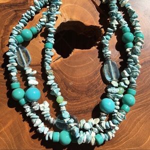 Turquoise beaded chunky necklace, with hues of teal, aqua, sea green and silver.
